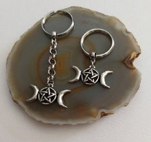 Load image into Gallery viewer, Wiccan Triple Moon Keychain, Pagan Witchcraft Gifts