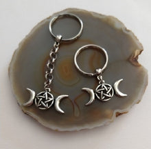 Load image into Gallery viewer, Wiccan Triple Moon Keychain, Pagan Witchcraft Gifts