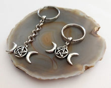 Load image into Gallery viewer, Wiccan Triple Moon Keychain, Pagan Witchcraft Gifts