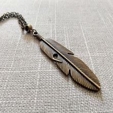Load image into Gallery viewer, Feather Necklace on Bronze Rolo Chain - Unisex Bohemian Layering Jewelry