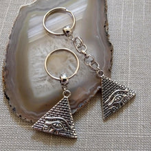 Load image into Gallery viewer, Silver Pyramid Keychain, Egyptian Egypt Eye or Ra Horus, Backpack or Purse, Charm Zipper Pull
