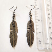 Load image into Gallery viewer, Feather Earrings, Long Dangle Drop Earrings with Bronze French Earwires