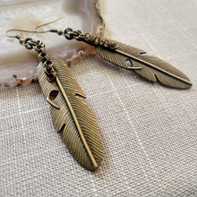 Load image into Gallery viewer, Feather Earrings, Long Dangle Drop Earrings with Bronze French Earwires