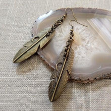 Load image into Gallery viewer, Feather Earrings, Long Dangle Drop Earrings with Bronze French Earwires