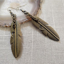 Load image into Gallery viewer, Feather Earrings, Long Dangle Drop Earrings with Bronze French Earwires