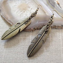 Load image into Gallery viewer, Feather Earrings, Long Dangle Drop Earrings with Bronze French Earwires