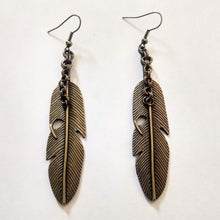 Load image into Gallery viewer, Feather Earrings, Long Dangle Drop Earrings with Bronze French Earwires
