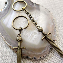 Load image into Gallery viewer, Cat Sword Keychain - Brown Sword with Cat Head Hilt, Zipper Pull, Backpack or Purse Charm