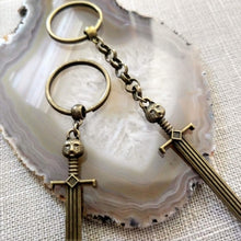 Load image into Gallery viewer, Cat Sword Keychain - Brown Sword with Cat Head Hilt, Zipper Pull, Backpack or Purse Charm