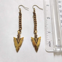 Load image into Gallery viewer, Arrowhead Earrings, Antique Gold Long Dangle Earrings with Brass Chain