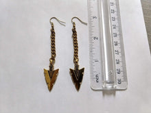 Load image into Gallery viewer, Arrowhead Earrings, Antique Gold Long Dangle Earrings with Brass Chain
