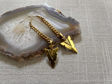 Load image into Gallery viewer, Arrowhead Earrings, Antique Gold Long Dangle Earrings with Brass Chain