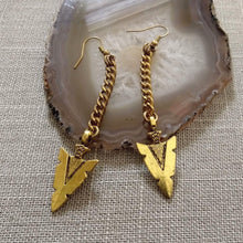 Load image into Gallery viewer, Arrowhead Earrings, Antique Gold Long Dangle Earrings with Brass Chain