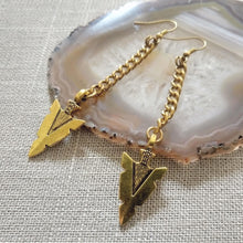 Load image into Gallery viewer, Arrowhead Earrings, Antique Gold Long Dangle Earrings with Brass Chain