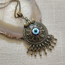 Load image into Gallery viewer, Evil Eye Medallion Necklace - Blue Protection Pendant on Bronze Rolo Chain