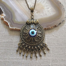 Load image into Gallery viewer, Evil Eye Medallion Necklace - Blue Protection Pendant on Bronze Rolo Chain