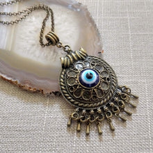 Load image into Gallery viewer, Evil Eye Medallion Necklace - Blue Protection Pendant on Bronze Rolo Chain