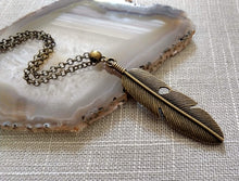 Load image into Gallery viewer, Feather Necklace on Bronze Rolo Chain - Unisex Bohemian Layering Jewelry