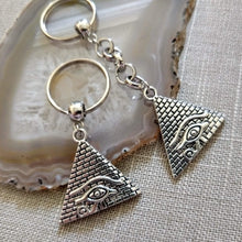 Load image into Gallery viewer, Silver Pyramid Keychain, Egyptian Egypt Eye or Ra Horus, Backpack or Purse, Charm Zipper Pull