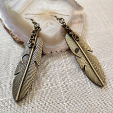 Load image into Gallery viewer, Feather Earrings, Long Dangle Drop Earrings with Bronze French Earwires