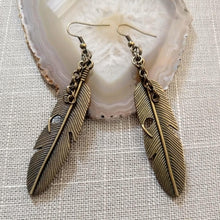 Load image into Gallery viewer, Feather Earrings, Long Dangle Drop Earrings with Bronze French Earwires