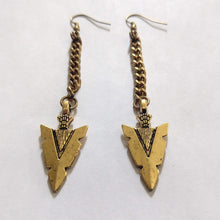 Load image into Gallery viewer, Arrowhead Earrings, Antique Gold Long Dangle Earrings with Brass Chain