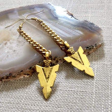 Load image into Gallery viewer, Arrowhead Earrings, Antique Gold Long Dangle Earrings with Brass Chain