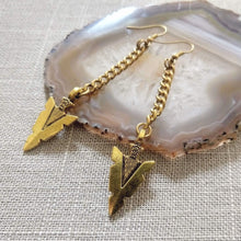 Load image into Gallery viewer, Arrowhead Earrings, Antique Gold Long Dangle Earrings with Brass Chain