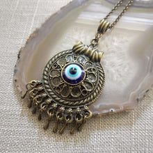 Load image into Gallery viewer, Evil Eye Medallion Necklace - Blue Protection Pendant on Bronze Rolo Chain