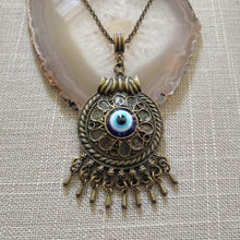 Load image into Gallery viewer, Evil Eye Medallion Necklace - Blue Protection Pendant on Bronze Rolo Chain