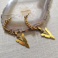Load image into Gallery viewer, Arrowhead Earrings, Antique Gold Long Dangle Earrings with Brass Chain