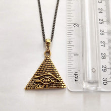 Load image into Gallery viewer, Brass Pyramid Necklace, Eye of Ra Charm on Thin Gunmetal Chain - Mens Jewelry