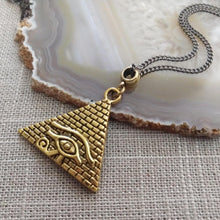 Load image into Gallery viewer, Brass Pyramid Necklace, Eye of Ra Charm on Thin Gunmetal Chain - Mens Jewelry