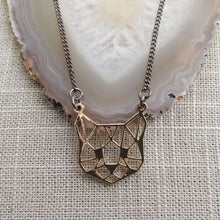 Load image into Gallery viewer, Brass Cat Head Necklace, Cute Animal Face on Thin Gunmetal Chain