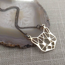 Load image into Gallery viewer, Brass Cat Head Necklace, Cute Animal Face on Thin Gunmetal Chain