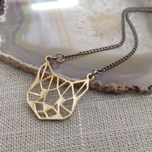 Load image into Gallery viewer, Brass Cat Head Necklace, Cute Animal Face on Thin Gunmetal Chain