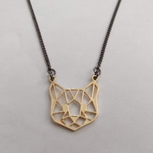 Load image into Gallery viewer, Brass Cat Head Necklace, Cute Animal Face on Thin Gunmetal Chain