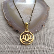 Load image into Gallery viewer, Lotus Flower Necklace, Gold Japanese Lotus Pendant on Bronze Rolo Chain
