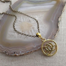 Load image into Gallery viewer, Lotus Flower Necklace, Gold Japanese Lotus Pendant on Bronze Rolo Chain