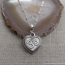 Load image into Gallery viewer, Heart Shaped Ohm Necklace, Aum Yoga Jewelry, Silver Satellite Chain