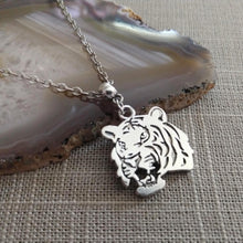 Load image into Gallery viewer, Tiger Necklace, Roaring Cat Pendant on Silver Cable Chain