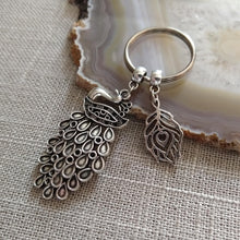 Load image into Gallery viewer, Silver Peacock Feather Keychain - Zipper Pulls Backpack Charms