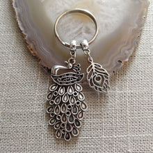 Load image into Gallery viewer, Silver Peacock Feather Keychain - Zipper Pulls Backpack Charms