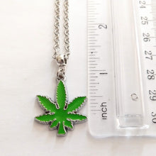Load image into Gallery viewer, Marijuana Necklace, Green Pot Weed Leaf on Silver Rolo Chain, 420 Stoner Jewelry