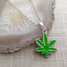 Load image into Gallery viewer, Marijuana Necklace, Green Pot Weed Leaf on Silver Rolo Chain, 420 Stoner Jewelry