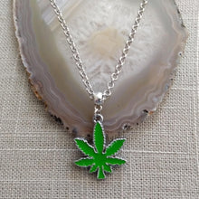 Load image into Gallery viewer, Marijuana Necklace, Green Pot Weed Leaf on Silver Rolo Chain, 420 Stoner Jewelry