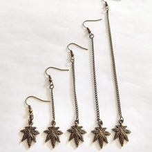 Load image into Gallery viewer, Marijuana Leaf Earrings - Bronze Dangle Drop Chain Earrings in Your Choice of Five Lengths