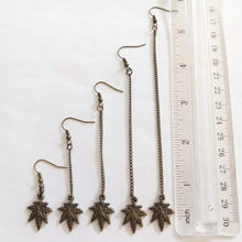 Load image into Gallery viewer, Marijuana Leaf Earrings - Bronze Dangle Drop Chain Earrings in Your Choice of Five Lengths