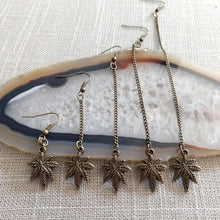 Load image into Gallery viewer, Marijuana Leaf Earrings - Bronze Dangle Drop Chain Earrings in Your Choice of Five Lengths