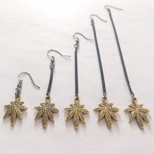 Load image into Gallery viewer, Marijuana Leaf Earrings, Dangle Drop Chain Earrings in Your Choice of Five Lengths